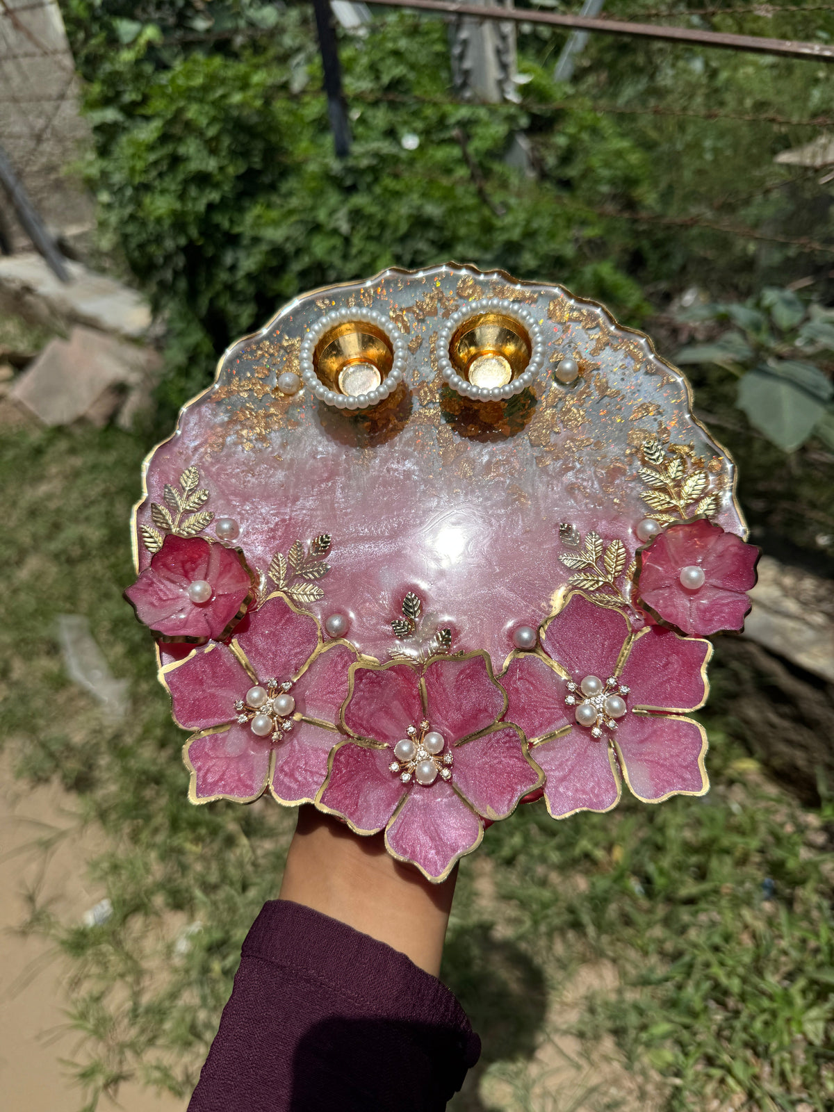 Pink floral double tealight holder with pearl accents, gold leaf work and two candle cups