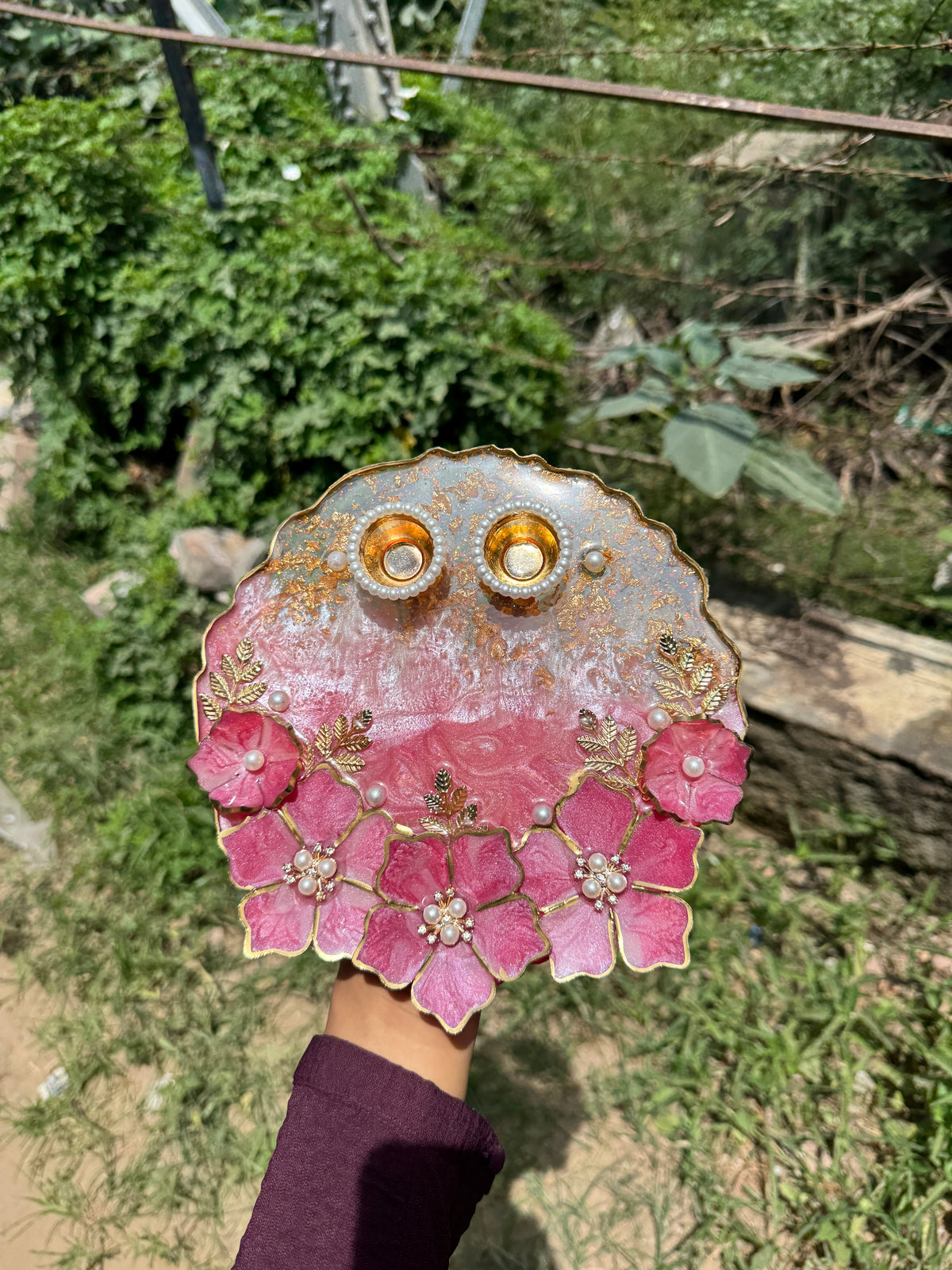 Pink floral double tealight holder with pearl accents, gold leaf work and two candle cups