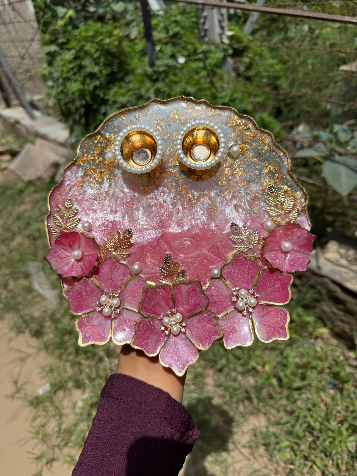 Pink floral double tealight holder with pearl accents, gold leaf work and two candle cups