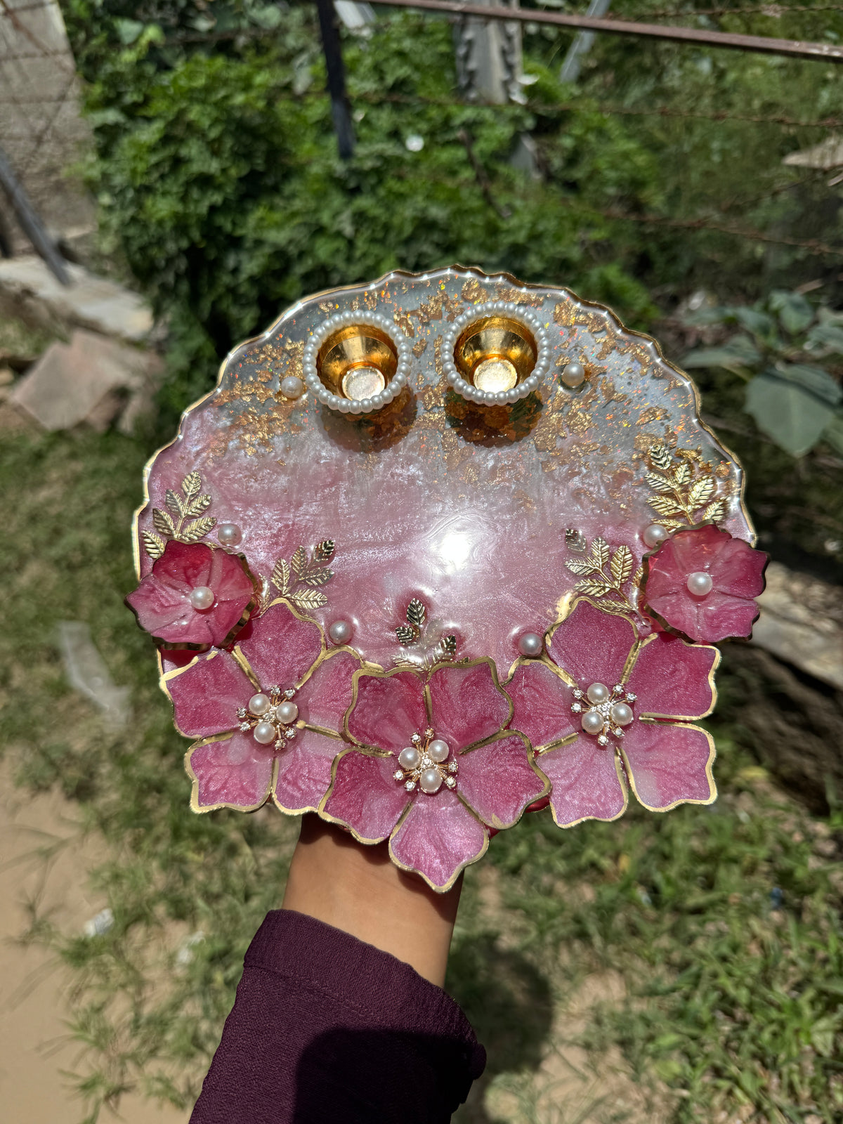 Pink floral double tealight holder with pearl accents, gold leaf work and two candle cups